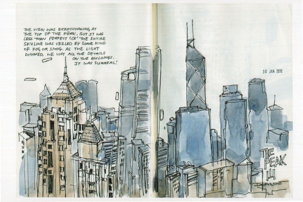 Hong Kong Skyscrapers Aerial Stunning Sketch Painting Postcard
