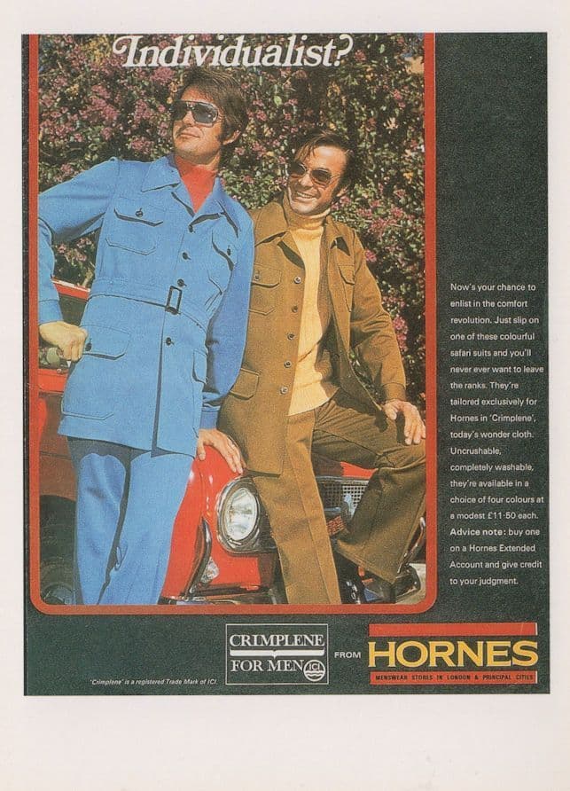 Hornes ICI Crimplene Mens 1970s Fashion Sports Car Advertising Postcard