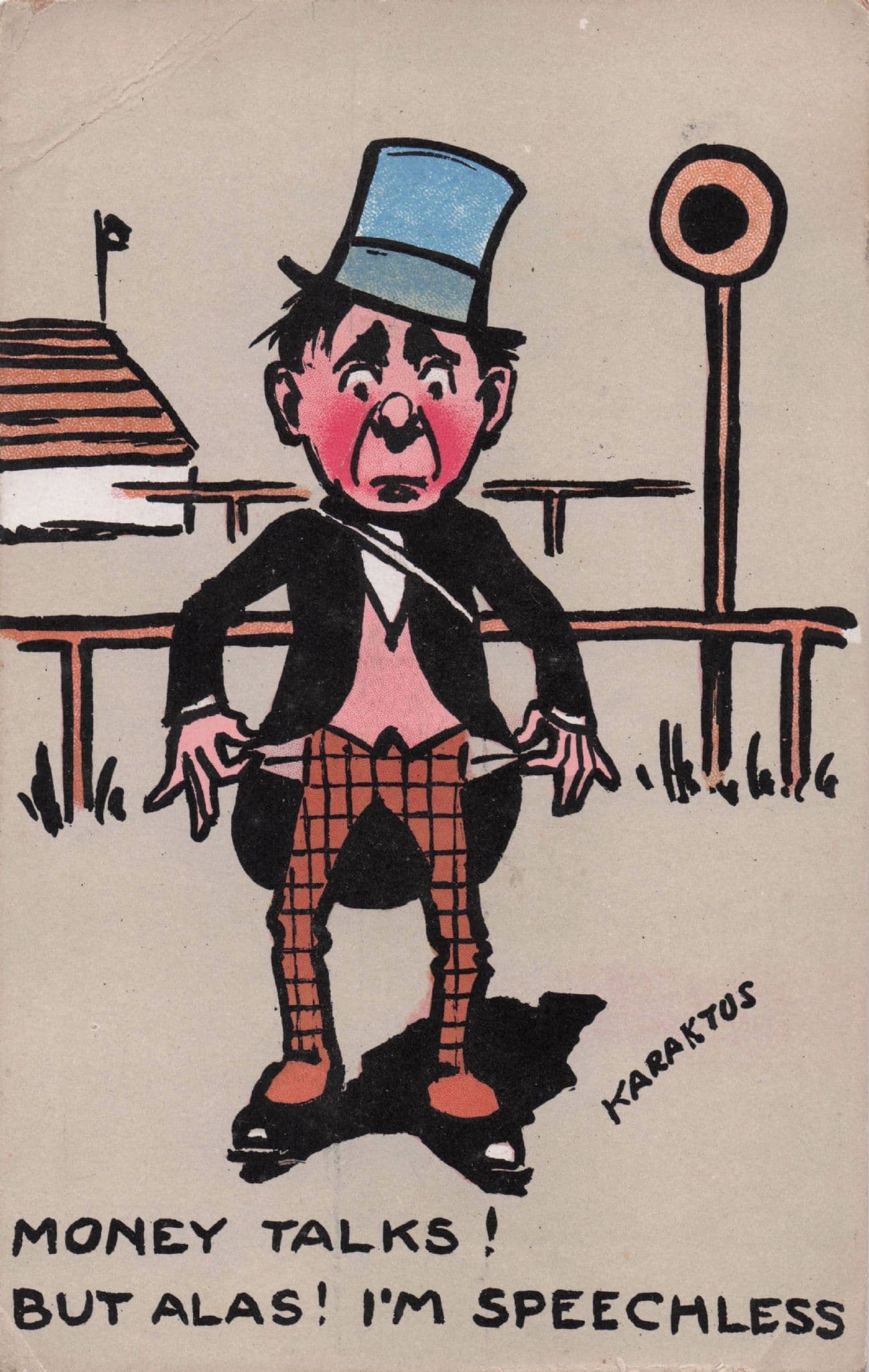 Horse Racing Man Broke at Races Gambling Empty Pockets Old Comic Postcard