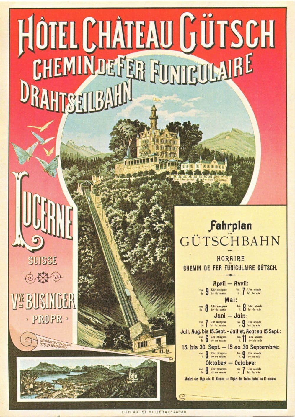 Hotel Chateau Gutsch Chemin De Fer Funiculaire Lucerne Swiss Poster Postcard