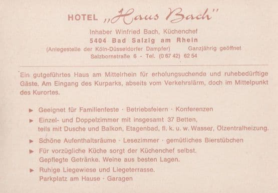 Hotel Haus Bach Bad Salzig AM Rhein Photo Postcard