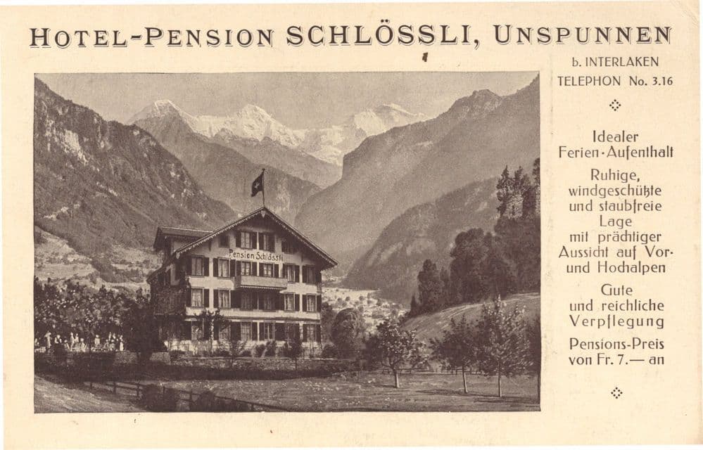 Hotel Pensions Schlossli Unspunnen Switzerland Old Advertising Postcard