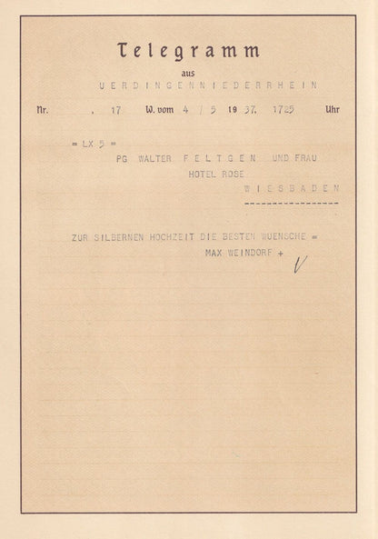 Hotel Rose Wiesbaden Antique German 1937 Swastika Telegram