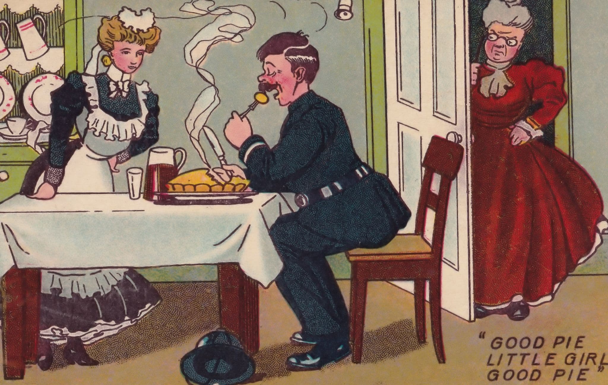 House Maid Cooking Policeman Home Made Pie Dinner Antique Comic Postcard