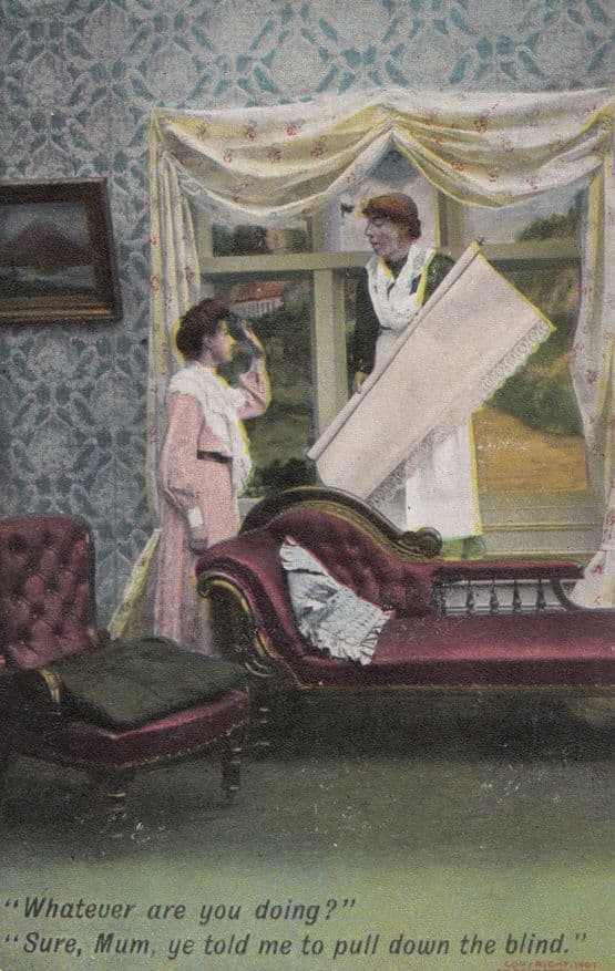 House Maid Disaster Pulling Down Owners Window Blind Antique Comic Postcard
