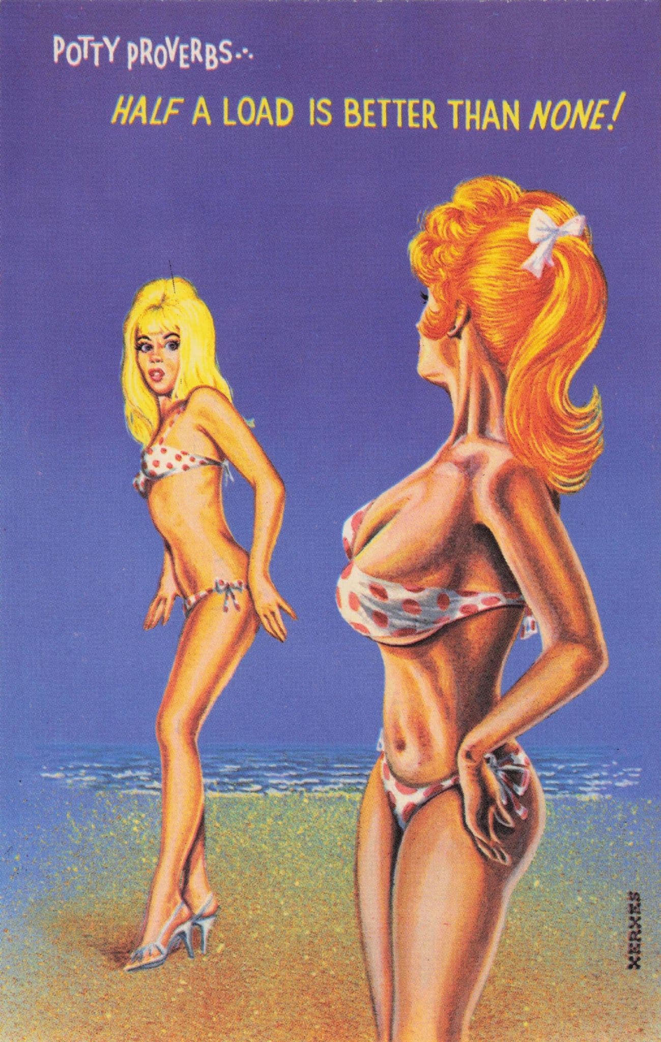 Huge VS Tiny Boobs Sexy Girl Bikini Envy Beach 1950s Comic Postcard