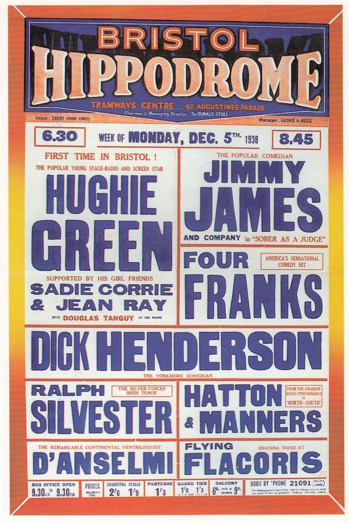 Hughie Green Dick Henderson Live at Bristol Hippodrome in 1938 Theatre Poster Postcard