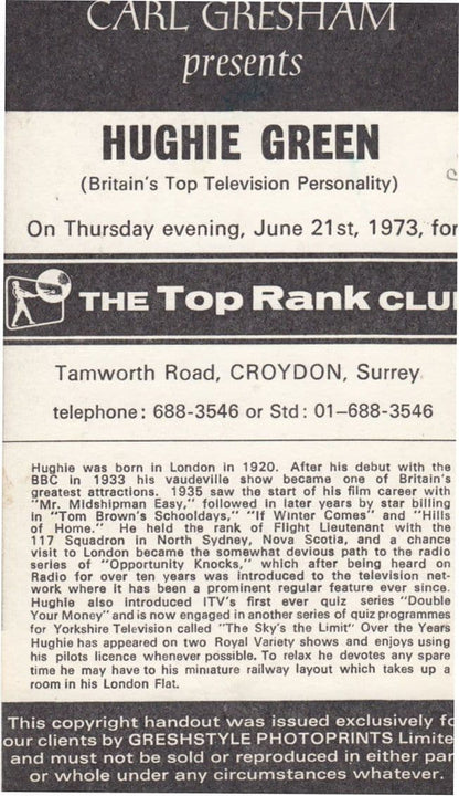 Hughie Green Opportunity Knocks at Croydon Surrey 1973 Hand Signed Event Photo
