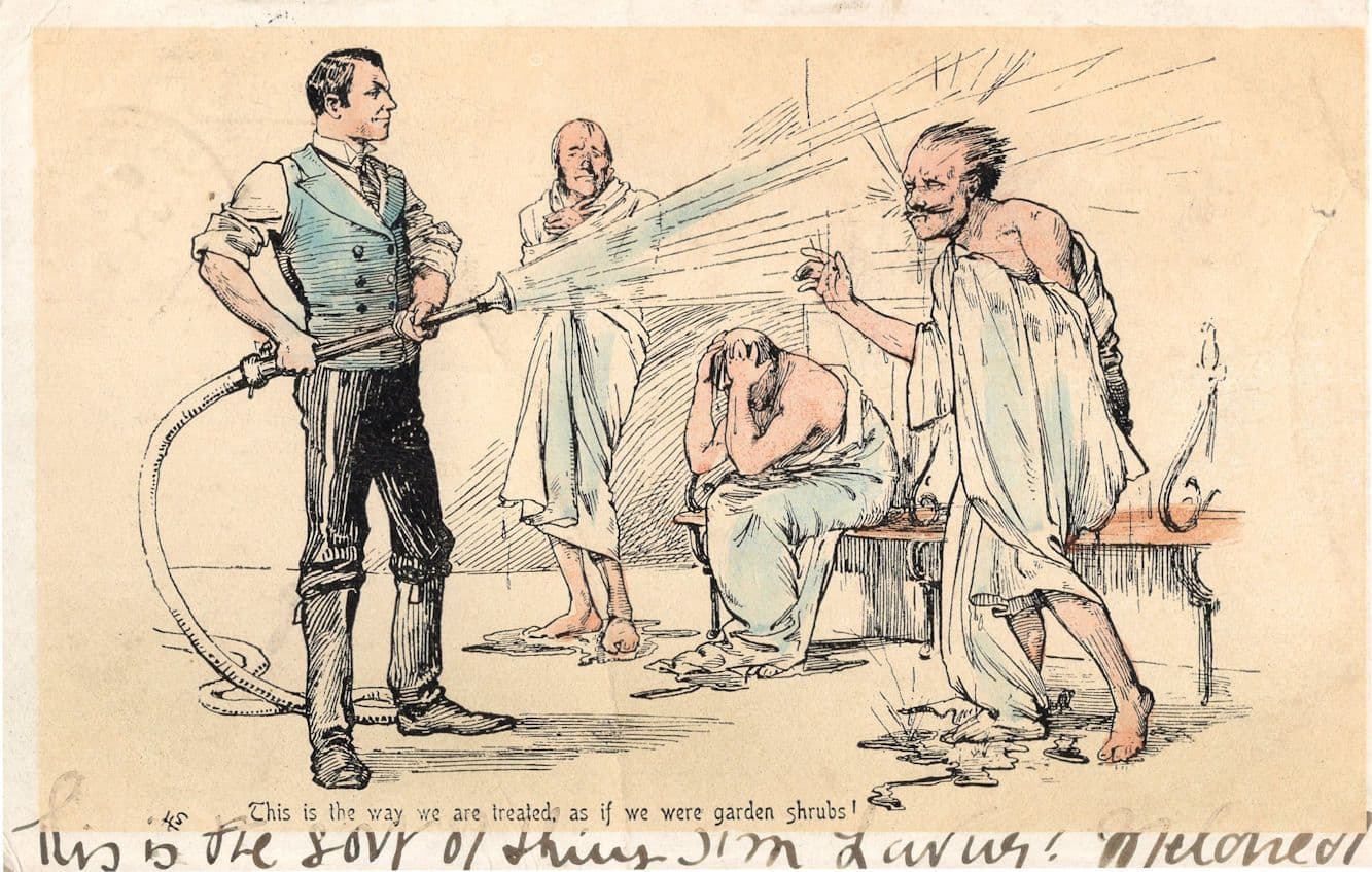 Human Shrubs Cold Shower With Garden Hose Disaster Old Comic Postcard