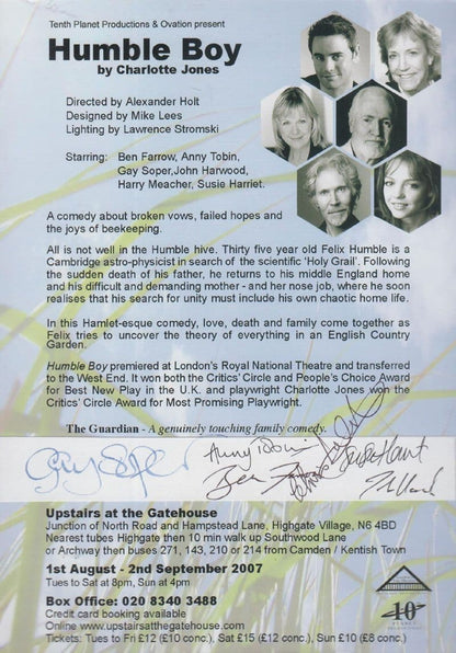Humble Boy Charlotte Jones Hand Signed Highgate Theatre Flyer 6 Actor Signings