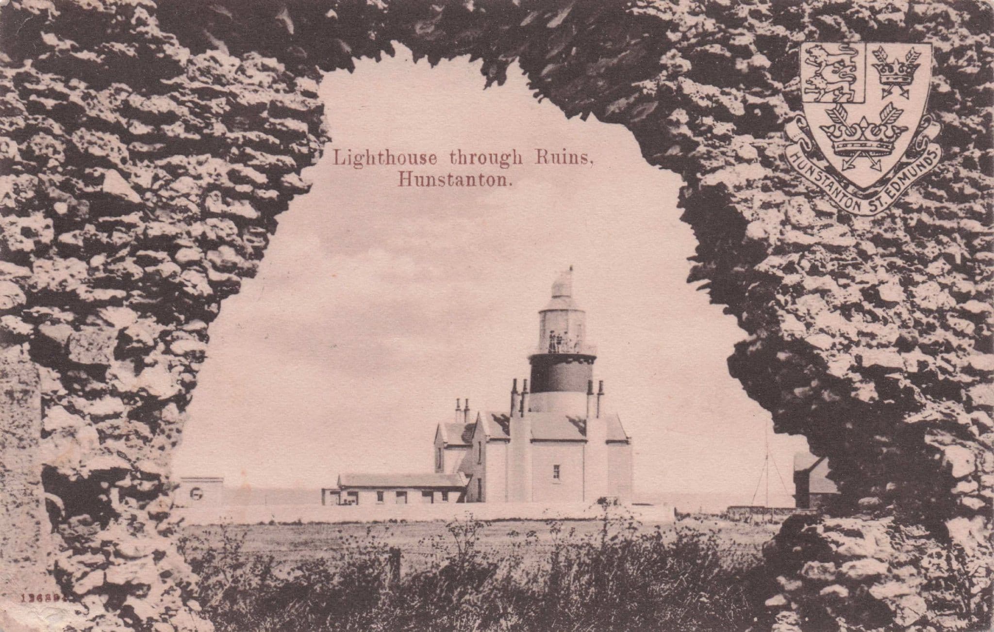 Hunstanton Lighthouse Through Ruins With Shield Heraldry Old Postcard