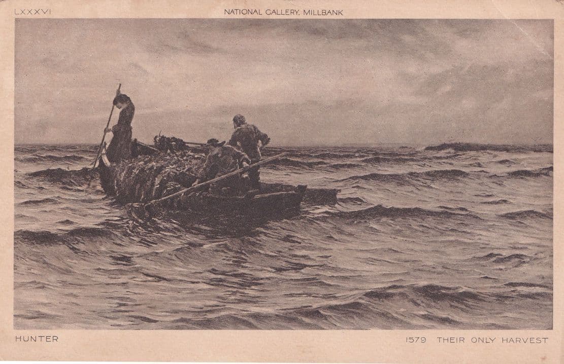 Hunter Fishing Their Only Harvest Antique Painting Postcard
