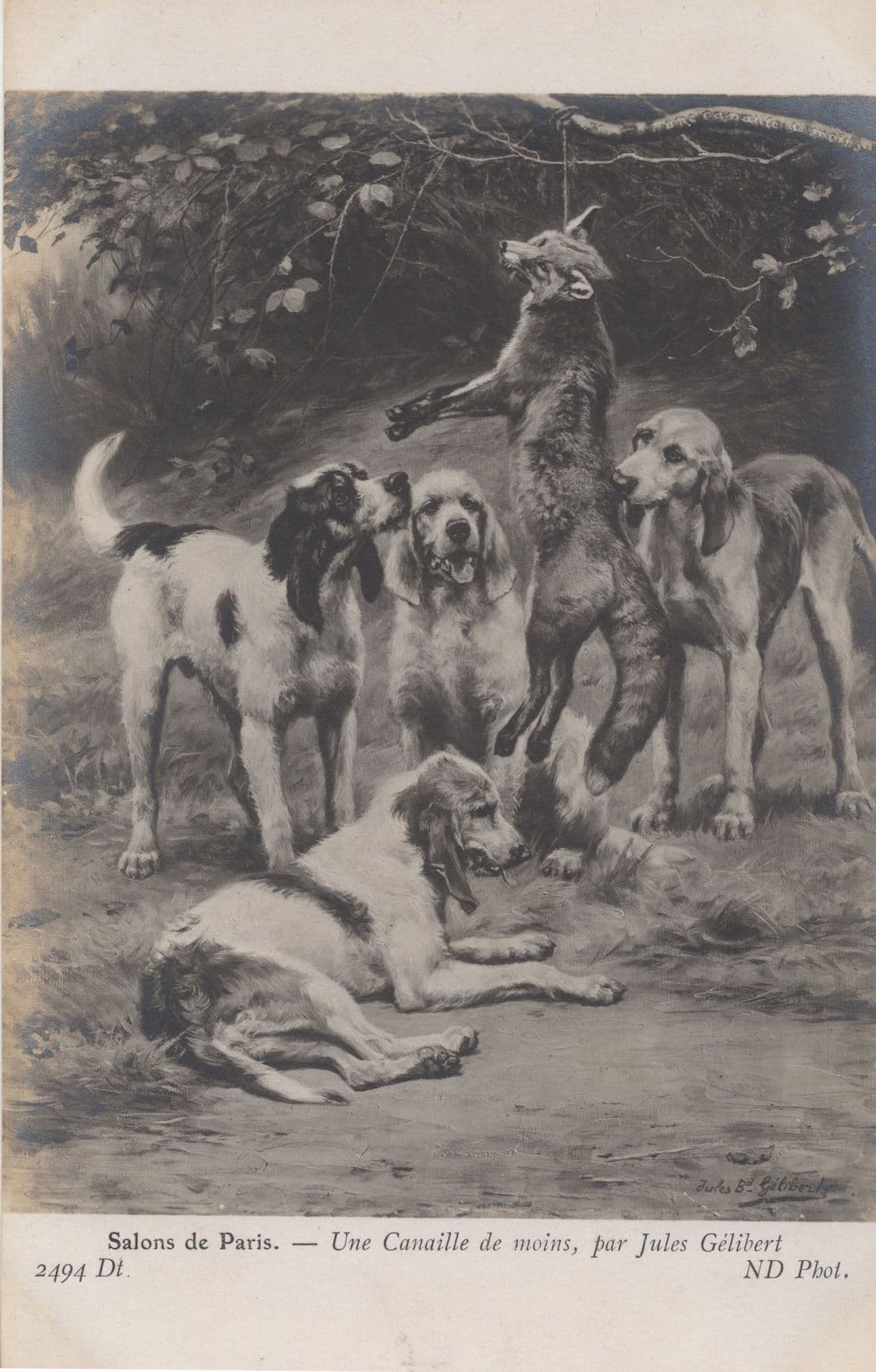 Hunting Dog Fox Killed Hung Eaten By Dogs Old Painting Postcard