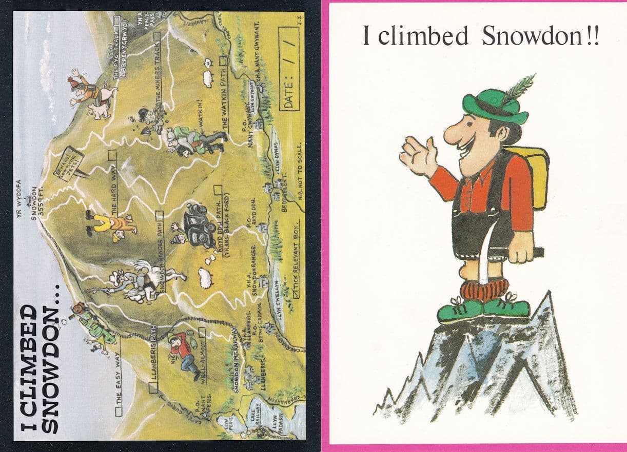 I Climbed Snowdon 2x Mountaineering Map Welsh Comic Postcard s