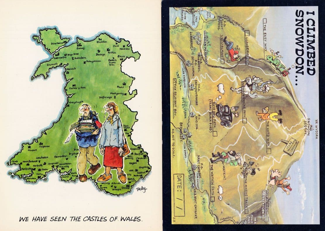 I Climbed Snowdon Welsh Castles 2x Tourist Map Comic Postcard s