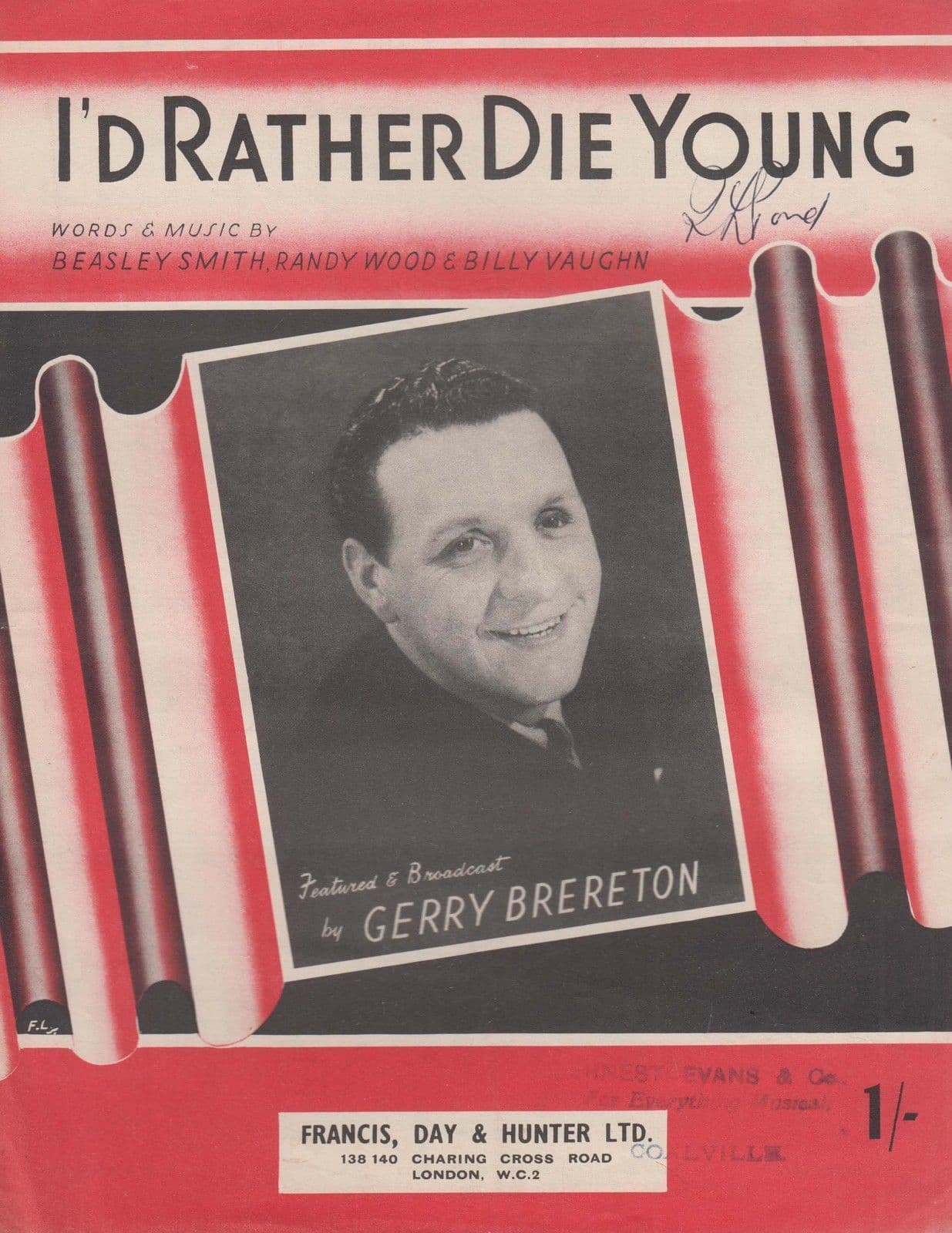 I'd Rather Die Young Gerry Brereton 1950s Sheet Music