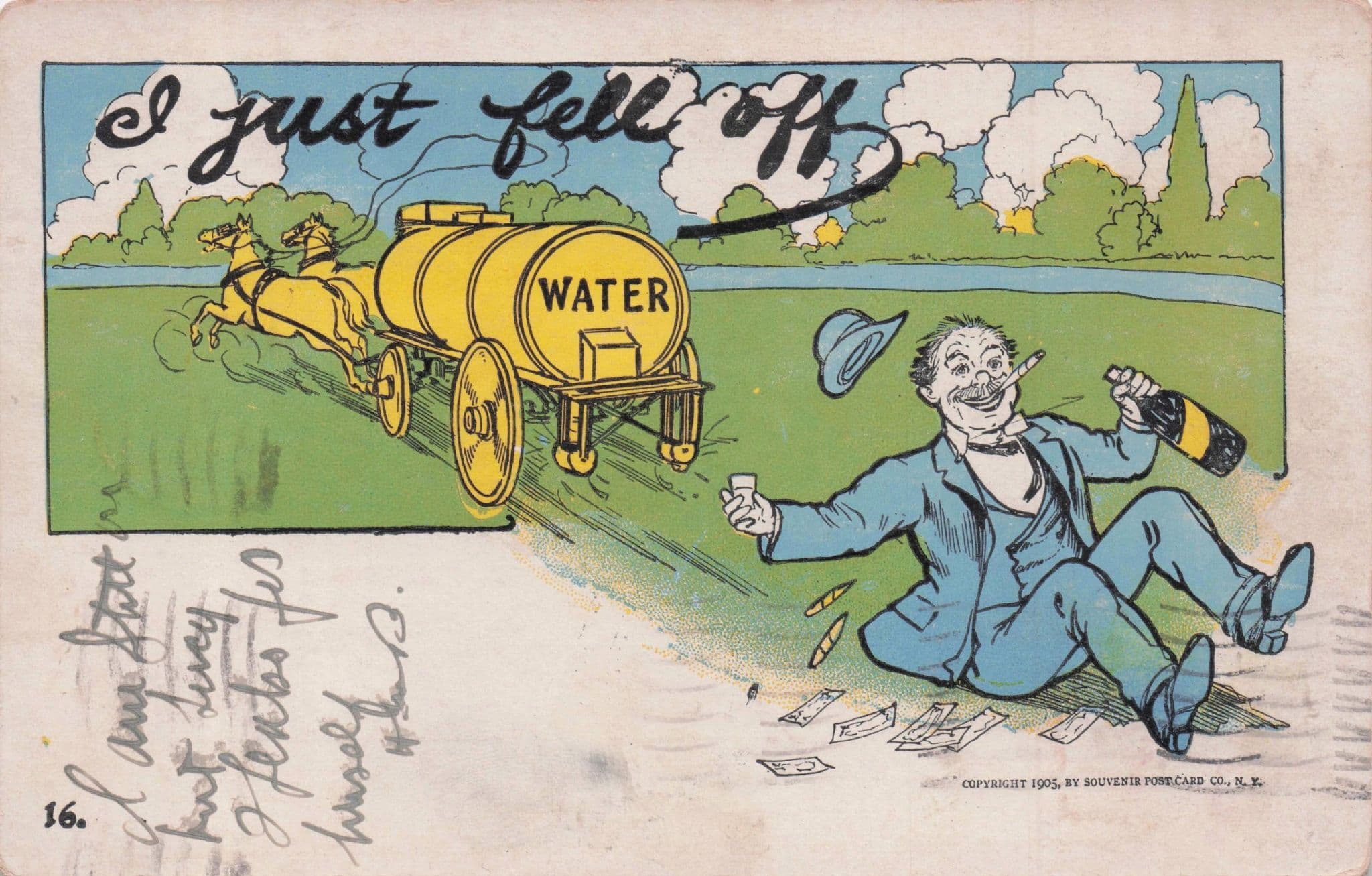 I Just Fell Off Drunk Man Falling From a Water Wagon Old Comic Postcard