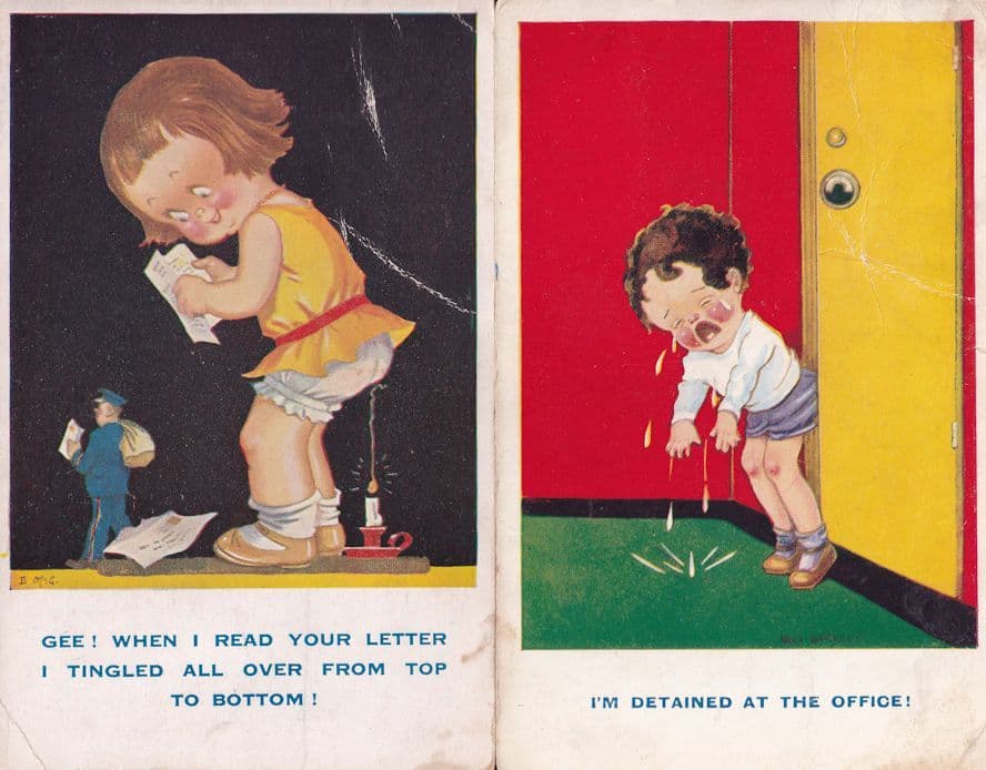 I'm Detained At The Office 2x WW2 Comic Children Worn Postcard s