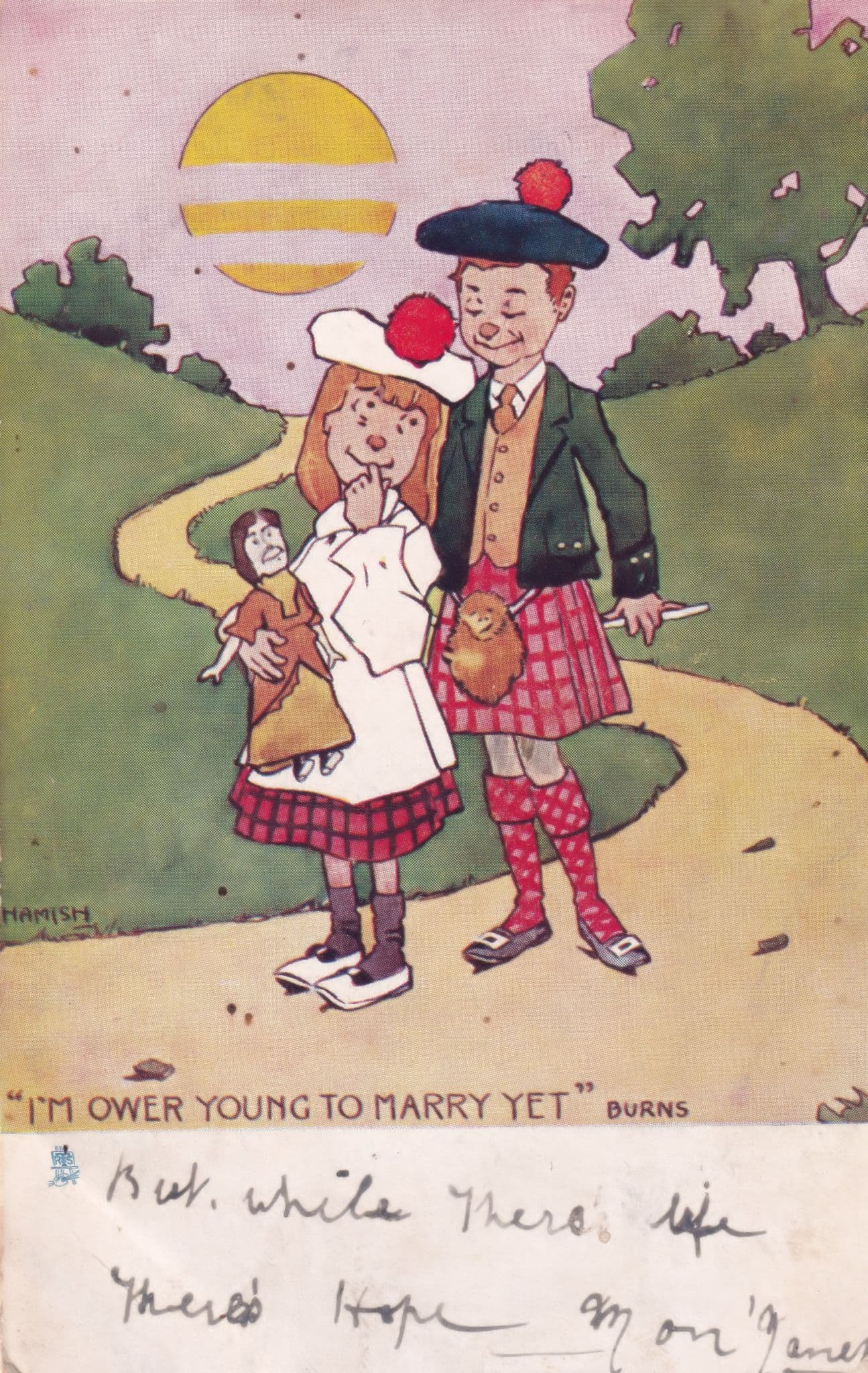 I'm Too Young To Marry Marriage Scottish Burns Puppet Comic Old Postcard