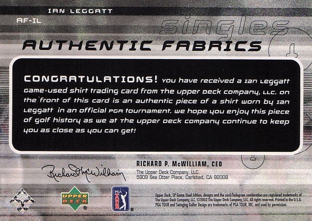 Ian Leggatt Authentic Fabrics Singles 2003 Golf Upper Deck Worn Shirt Card