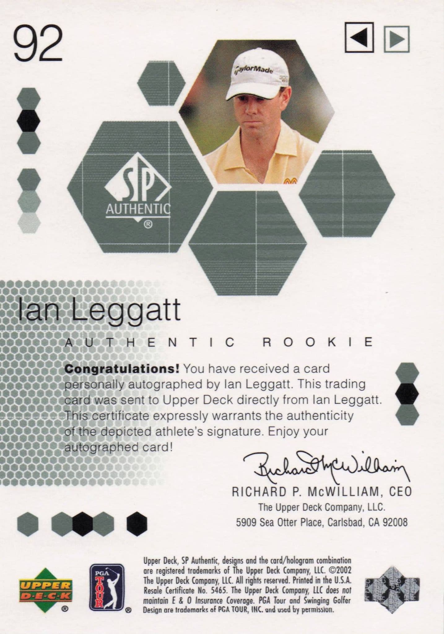 Ian Leggatt Authentic Rookie 2002 Golf SP Hand Signed Autograph Card
