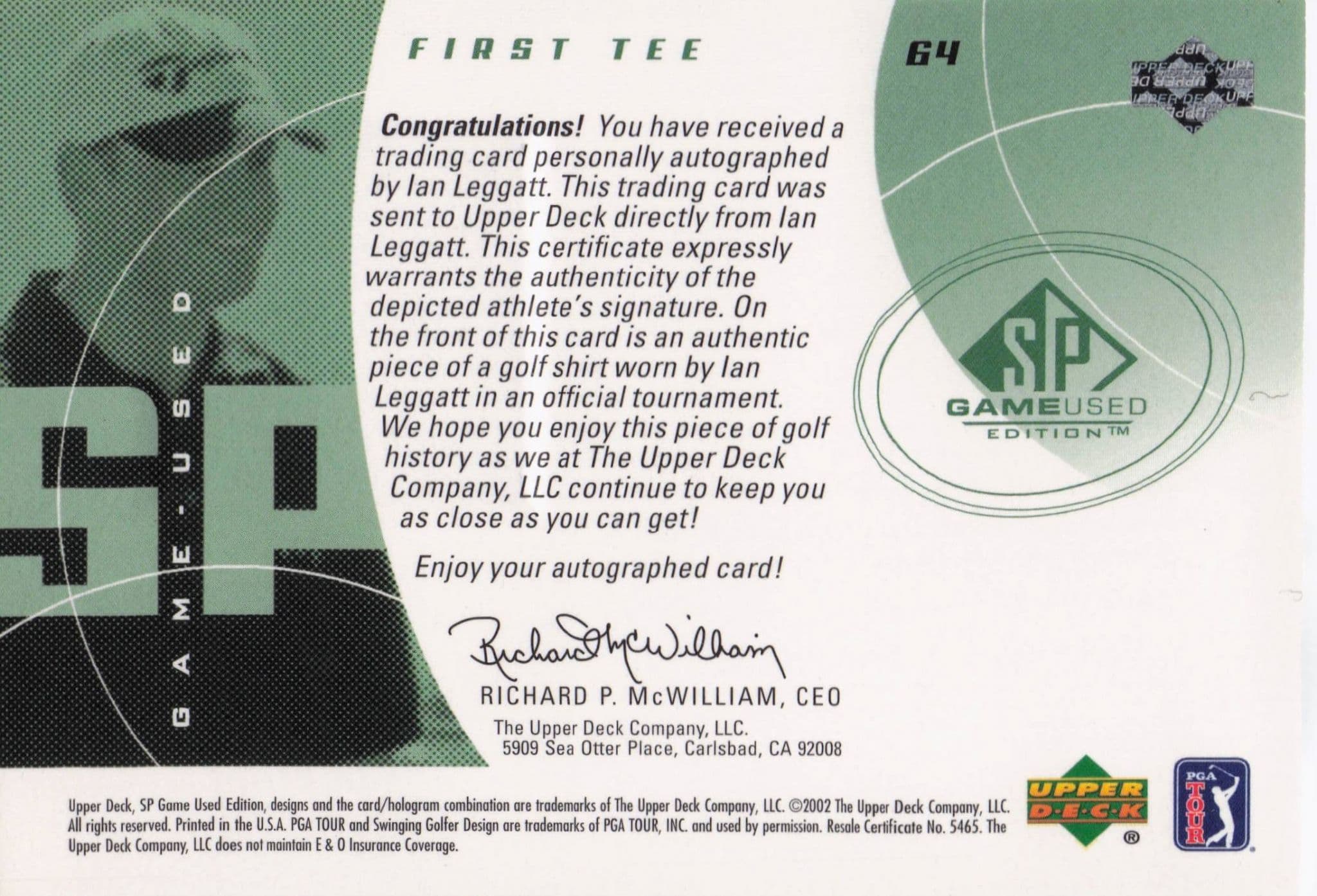 Ian Leggatt First Tee 2002 Golf Upper Deck Hand Signed Worn Shirt Card