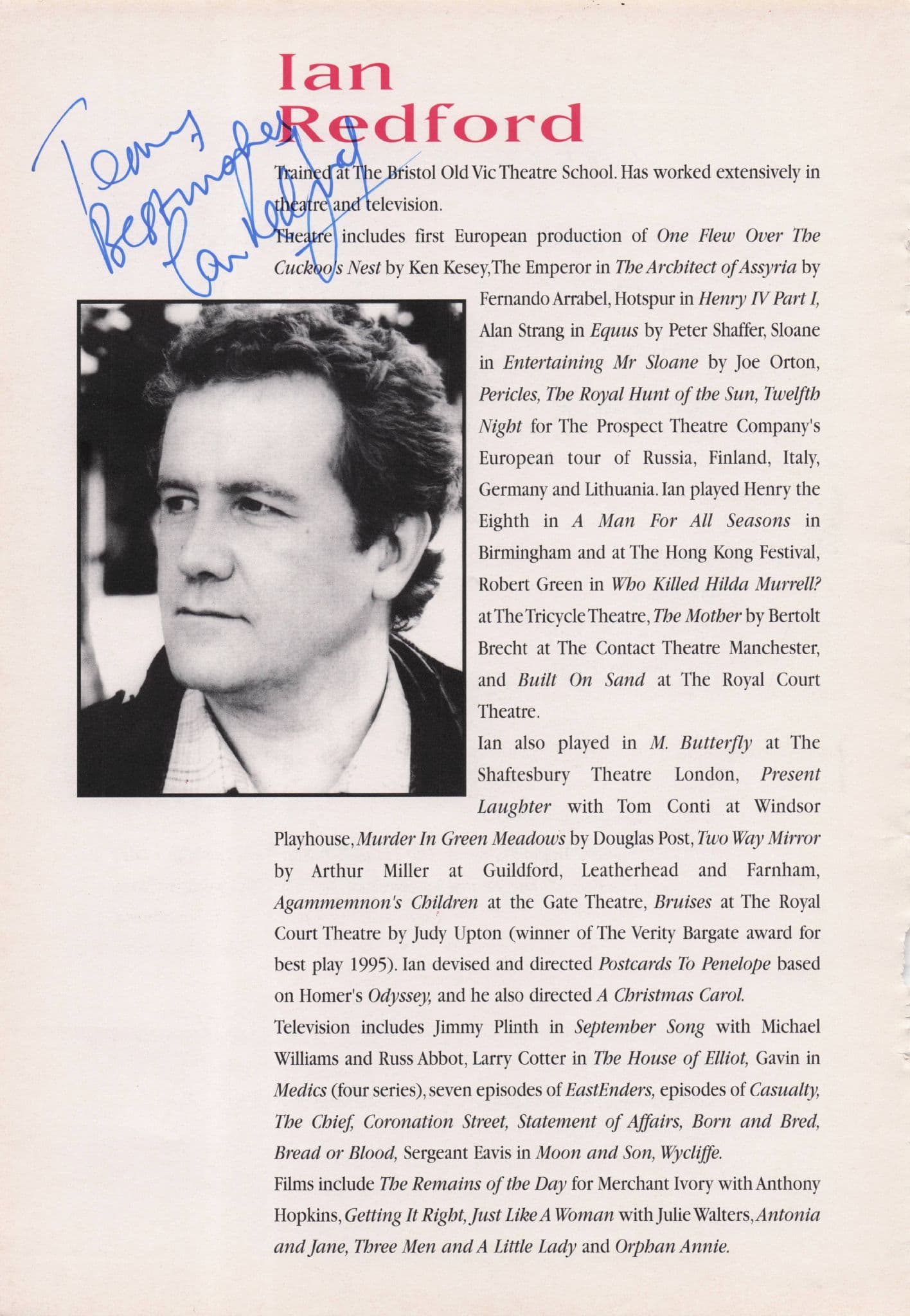 Ian Redford Coronation Street Keith Appleyard Hand Signed Theatre Page