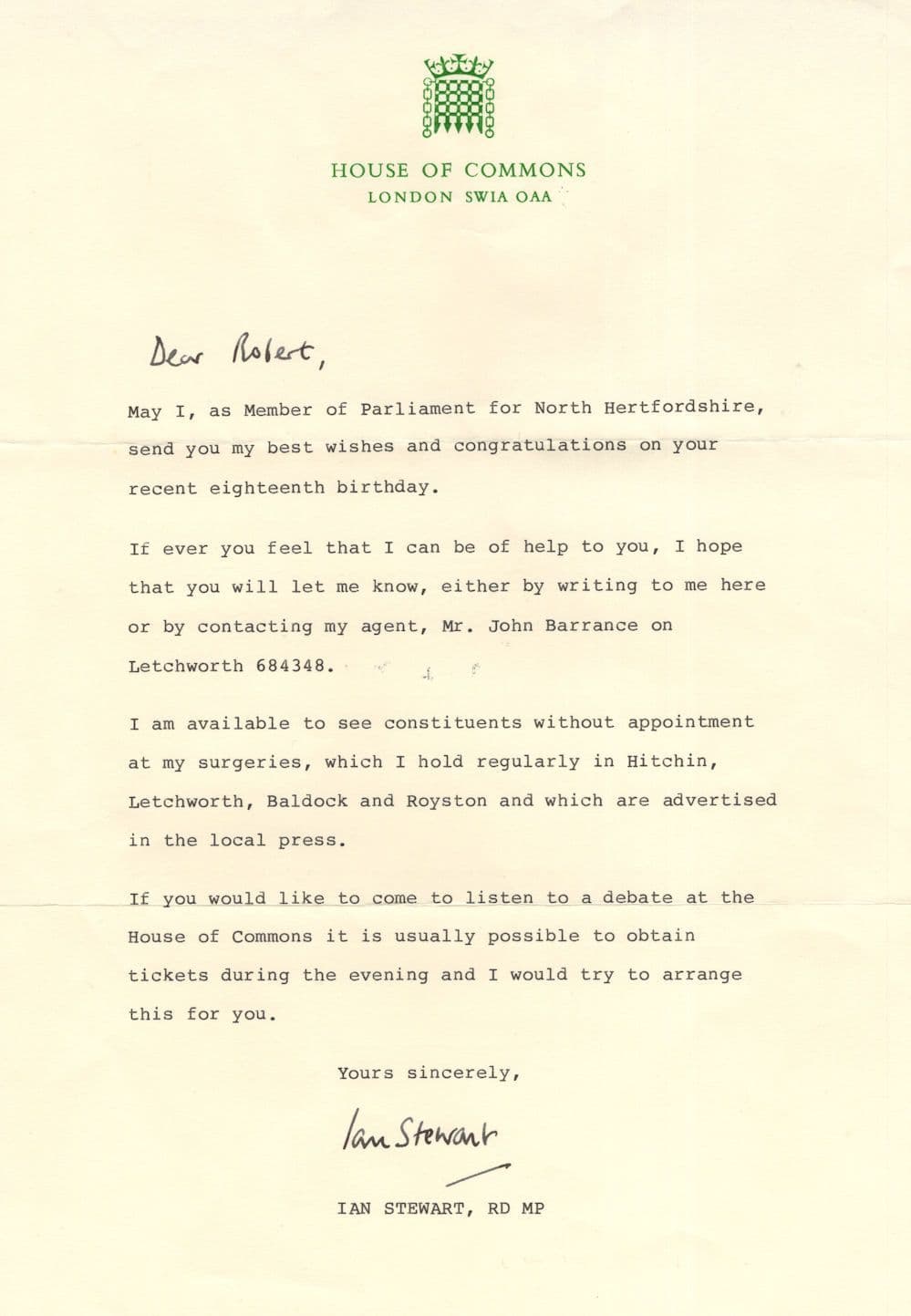 Ian Stewart Hitchin Herts Conservative MP 18th Birthday Invitation Letter