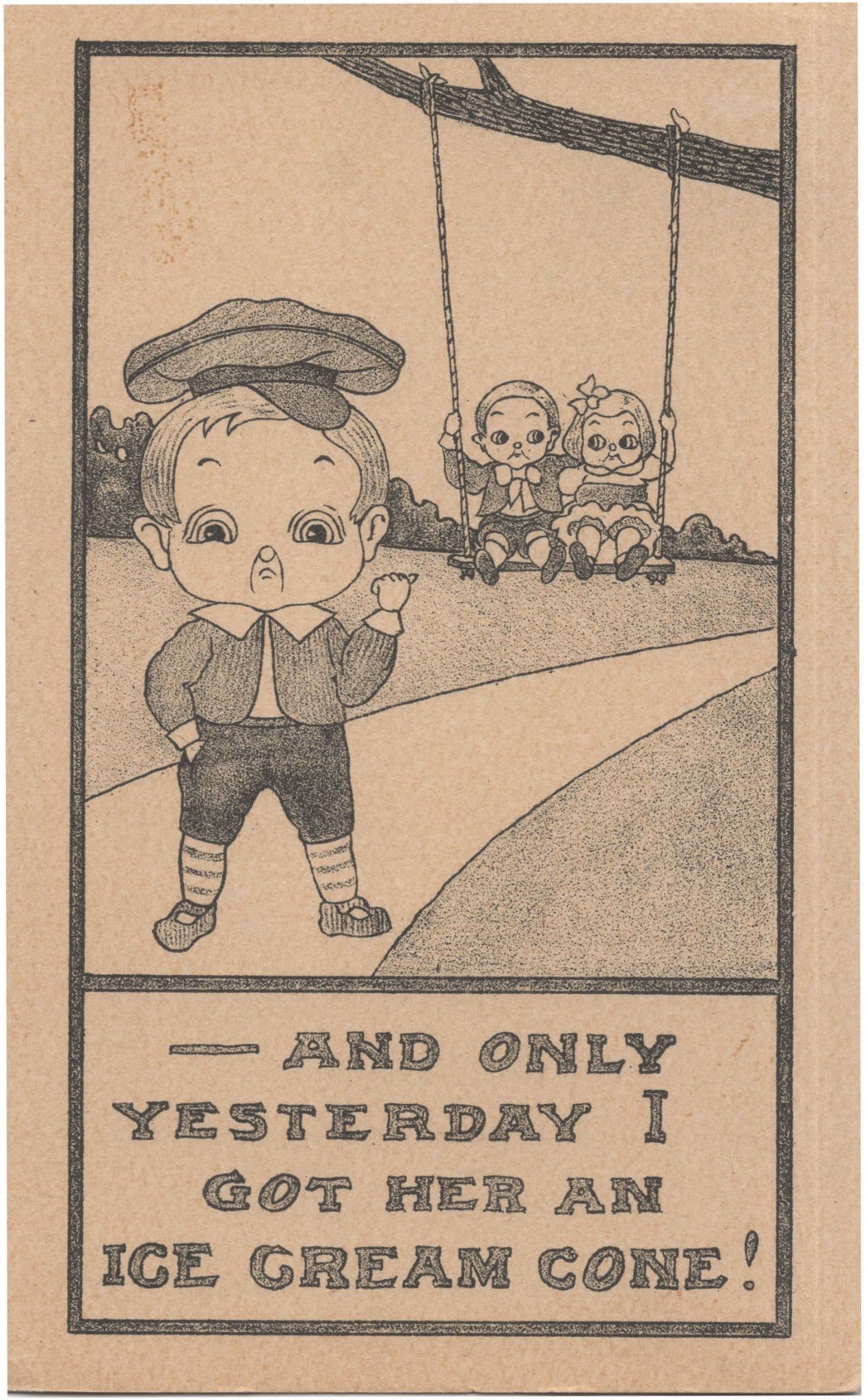 Ice Cream Cone Cornet Children On Swings Park Old Comic Postcard