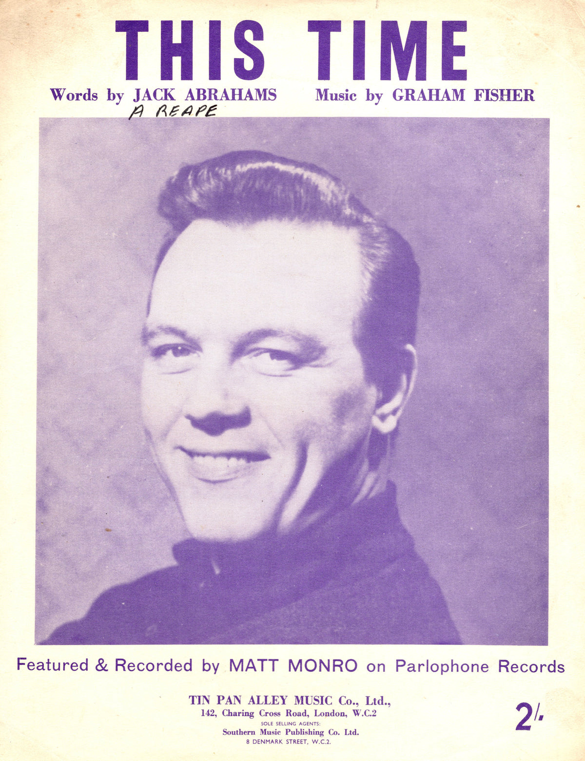 This Time Matt Monro Parlophone Records Rare Pan Alley Sheet Music