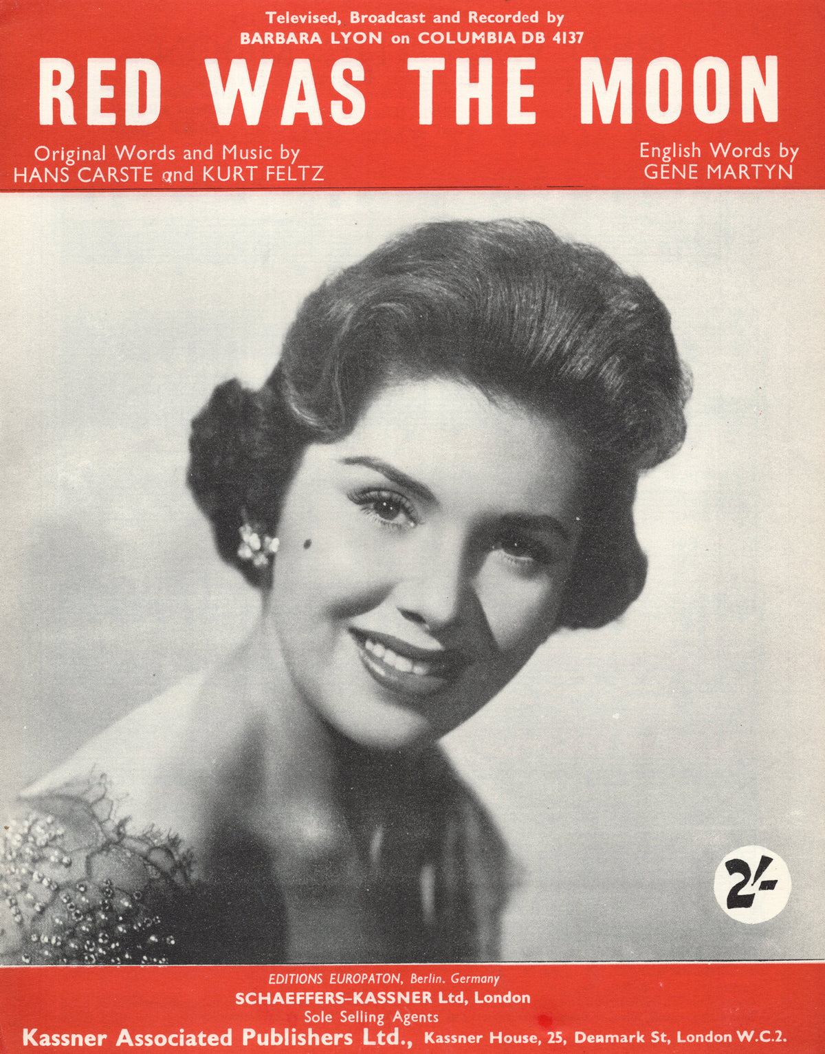Barbara Lyon Red Was The Moon Hans Carste RARE UK 1958 Sheet Music