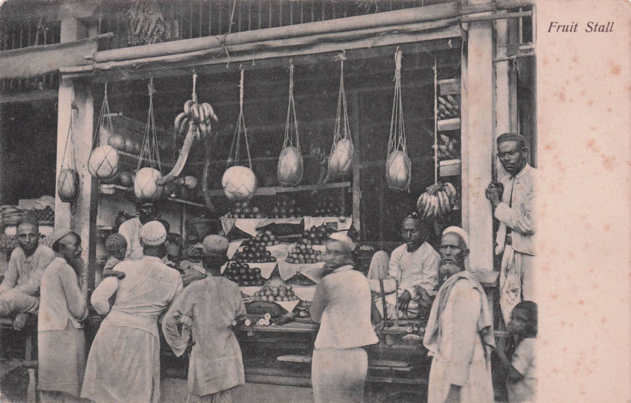 Indian Fruit Stall Frantic Customers Old Postcard