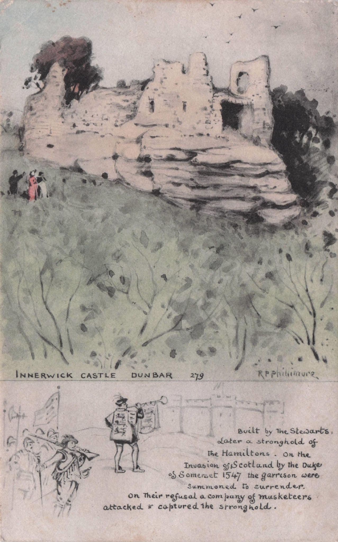 Innerwick Castle Dunbar Invasion Of Scotland Phillimore Old Postcard