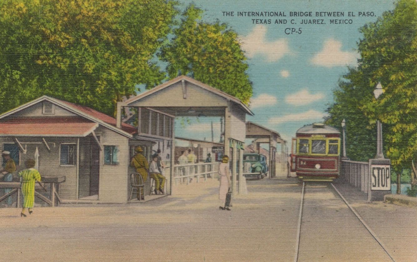 International Bridge Between Texas Juarez Mexico Old Linen Postcard