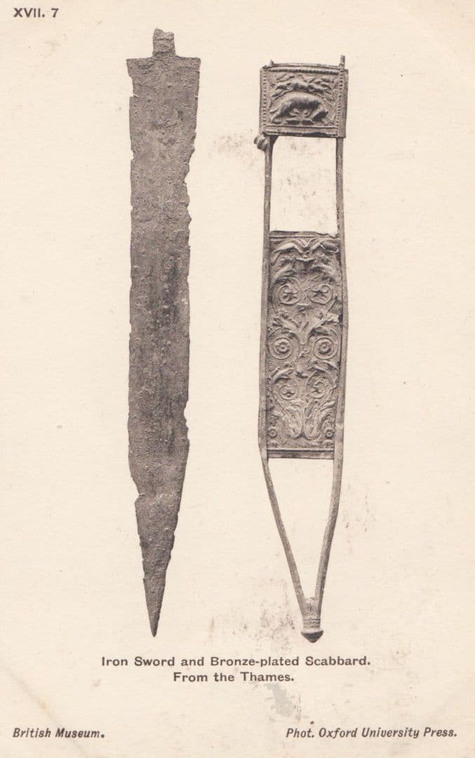 Iron Sword & Bronze Plated Scabbard From The London Thames Museum Old Postcard