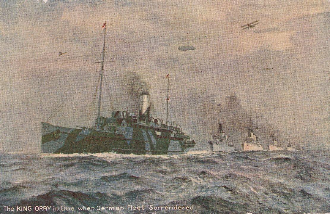 Isle of Man RMS King Orry British Fleet German Navy Surrender 1916 Postcard