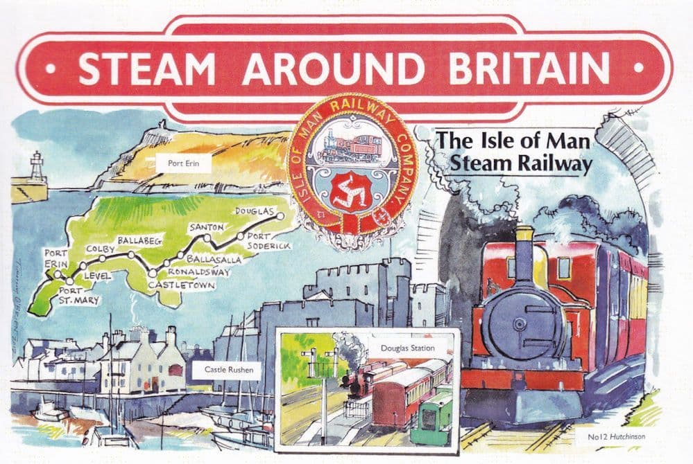 Isle Of Man Steam Railway Co Map Ships Castle Rushen Train Postcard