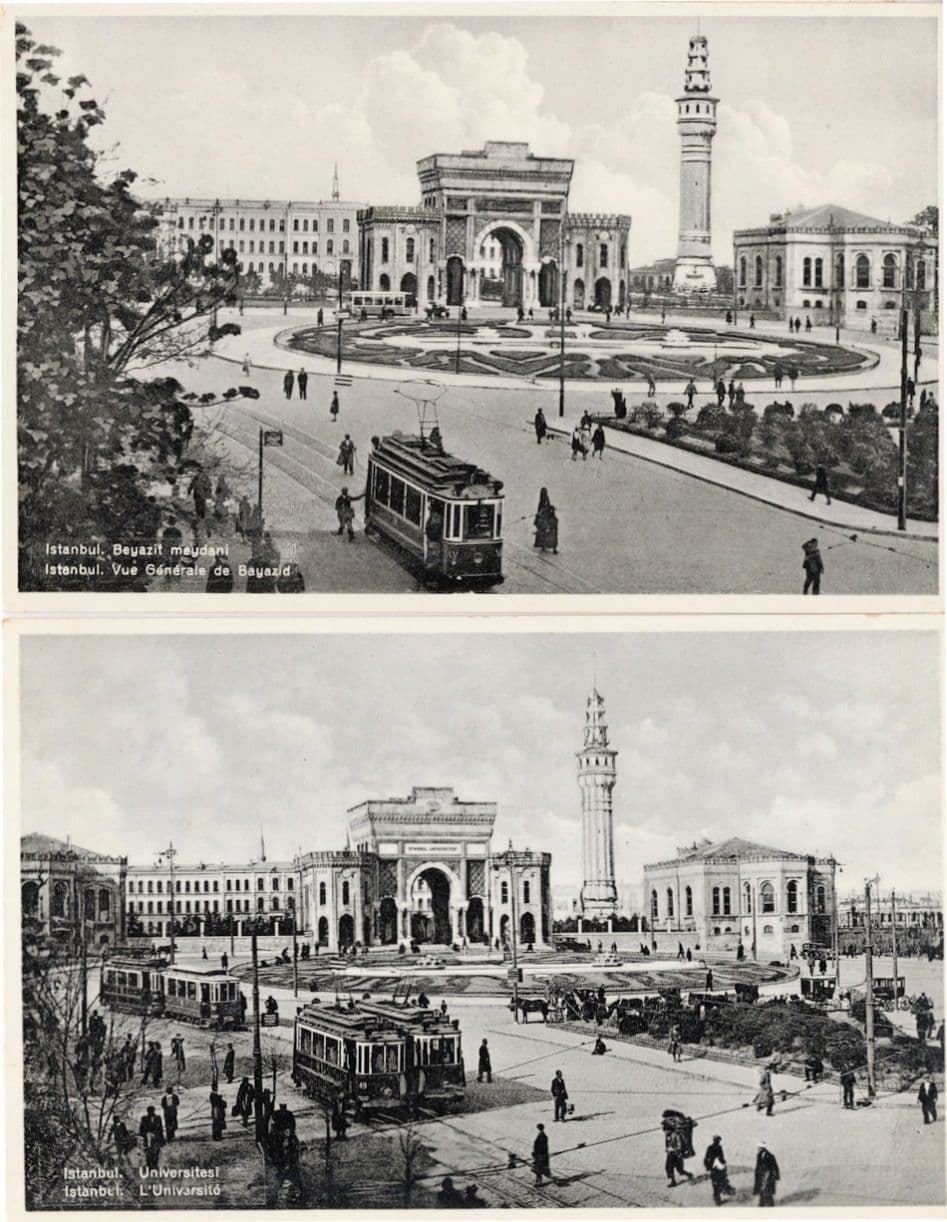 Istanbul Bus Tram Depot at University Turkey 2x Old RPC Postcard s