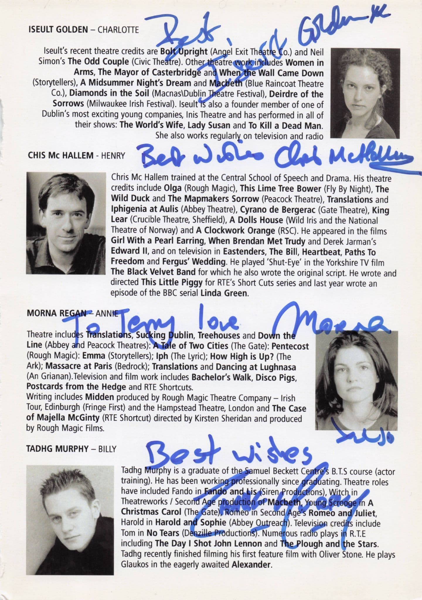 Isuelt Golden Chris McHallem Moran Regan Tadhg Murphy Hand Signed Theatre Page