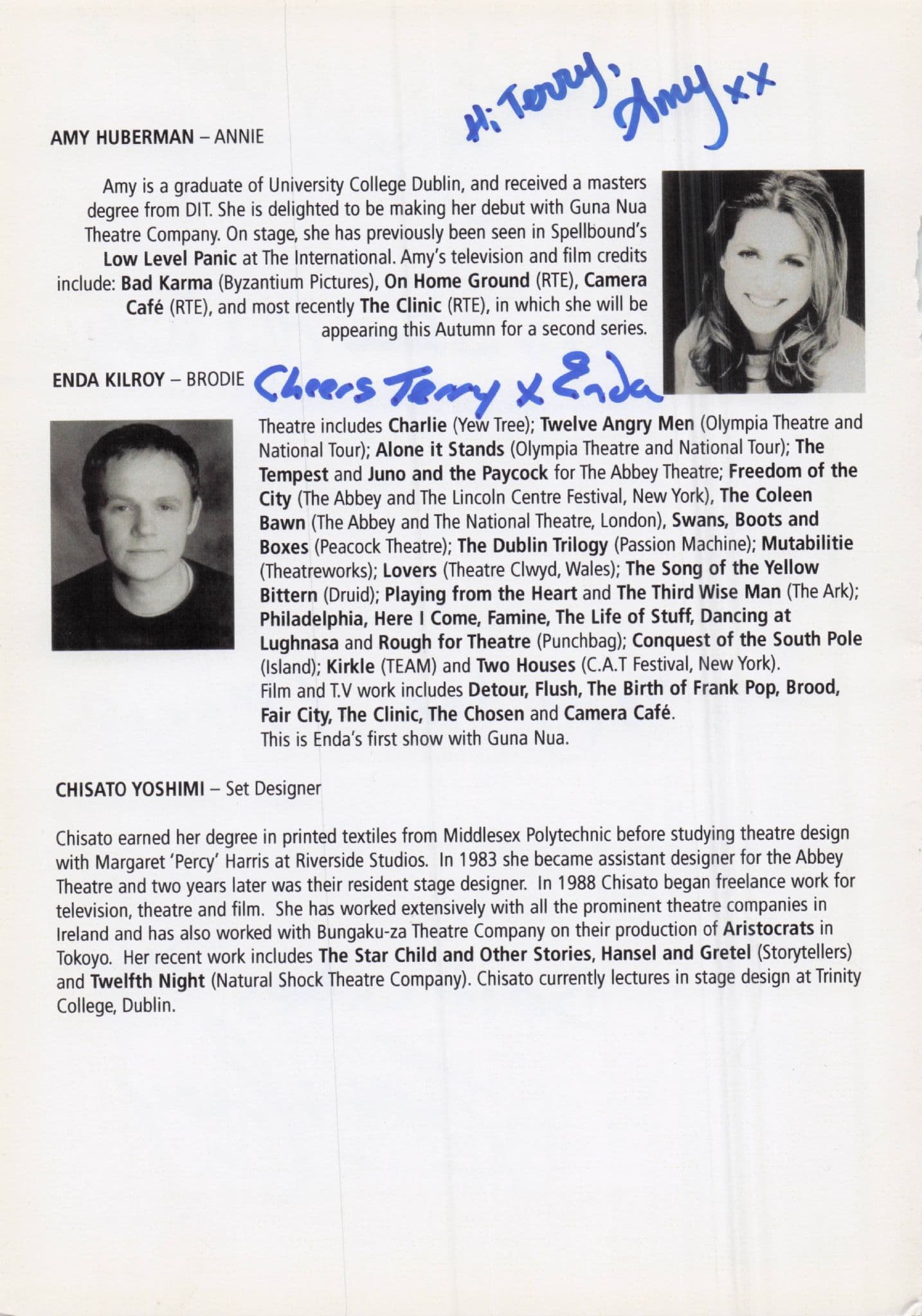 Isuelt Golden Chris McHallem Moran Regan Tadhg Murphy Hand Signed Theatre Page