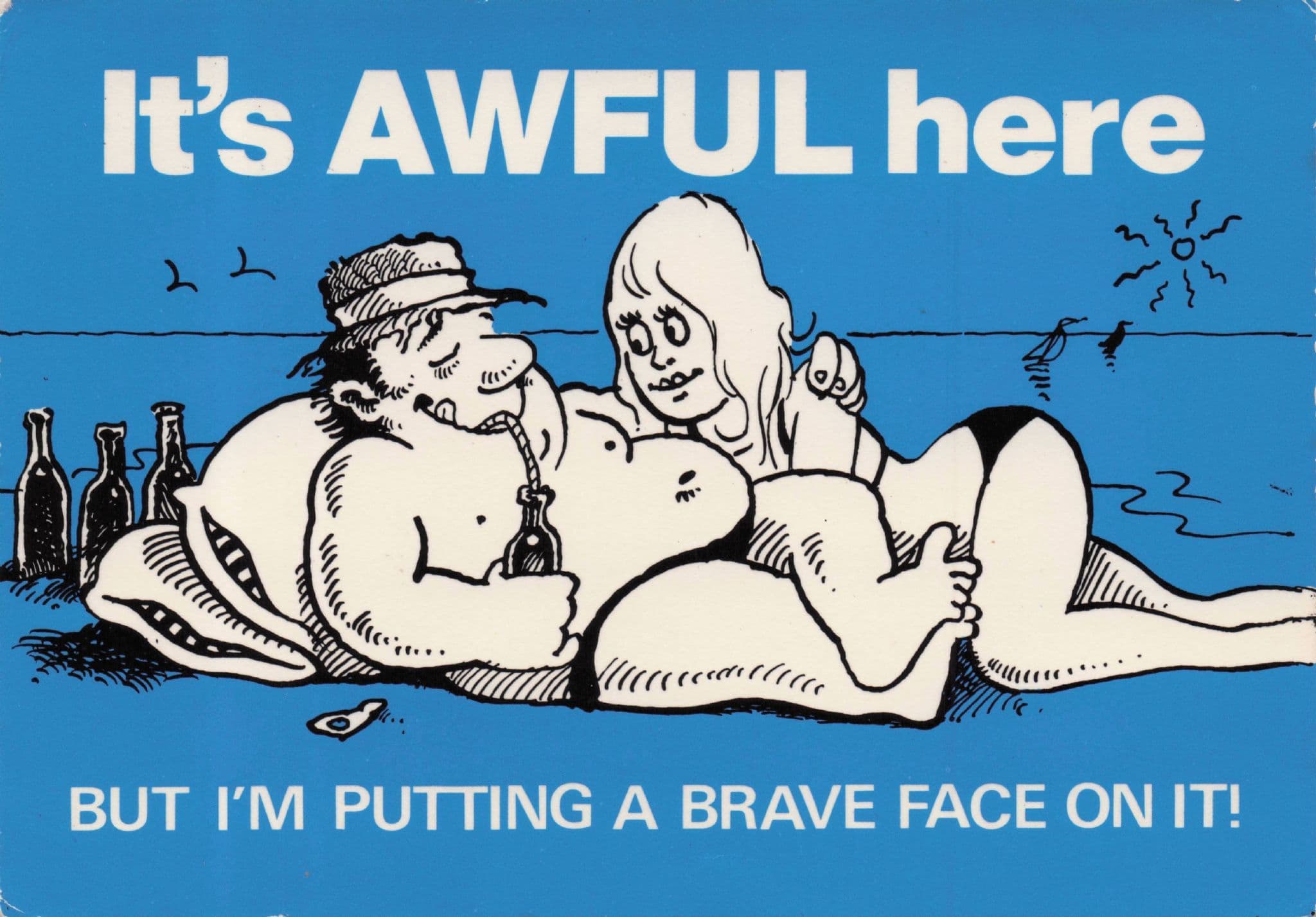 It's Awful Here Man Lying Cheating Sign Vintage Comic Postcard
