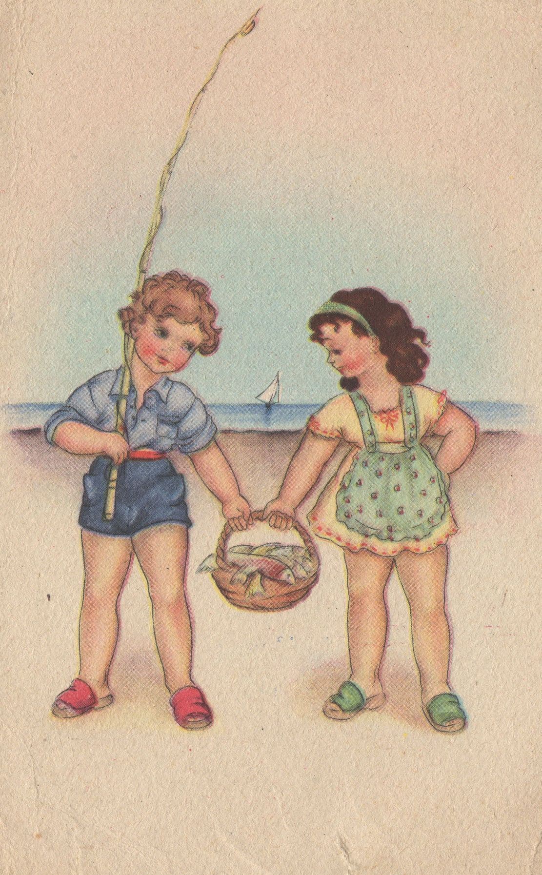 Italian Children Girls As Fishing Fisherwomen Old Postcard