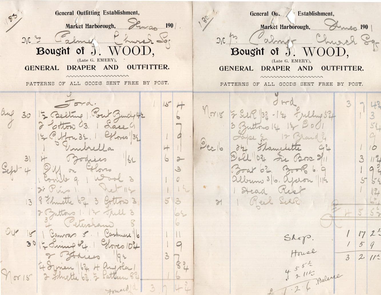 J Wood Market Harborough Draper Umbrella Apron Lace 1901 2x Receipt s