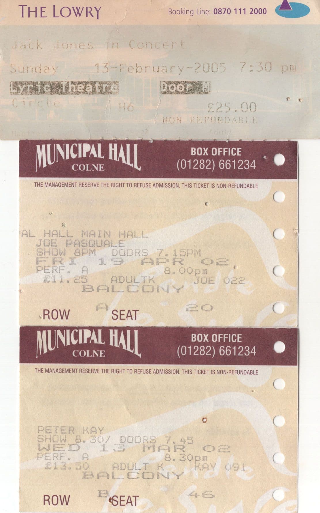 Jack Jones Joe Pasquale Peter Kay 3x Rare Burnley Comedian Ticket s