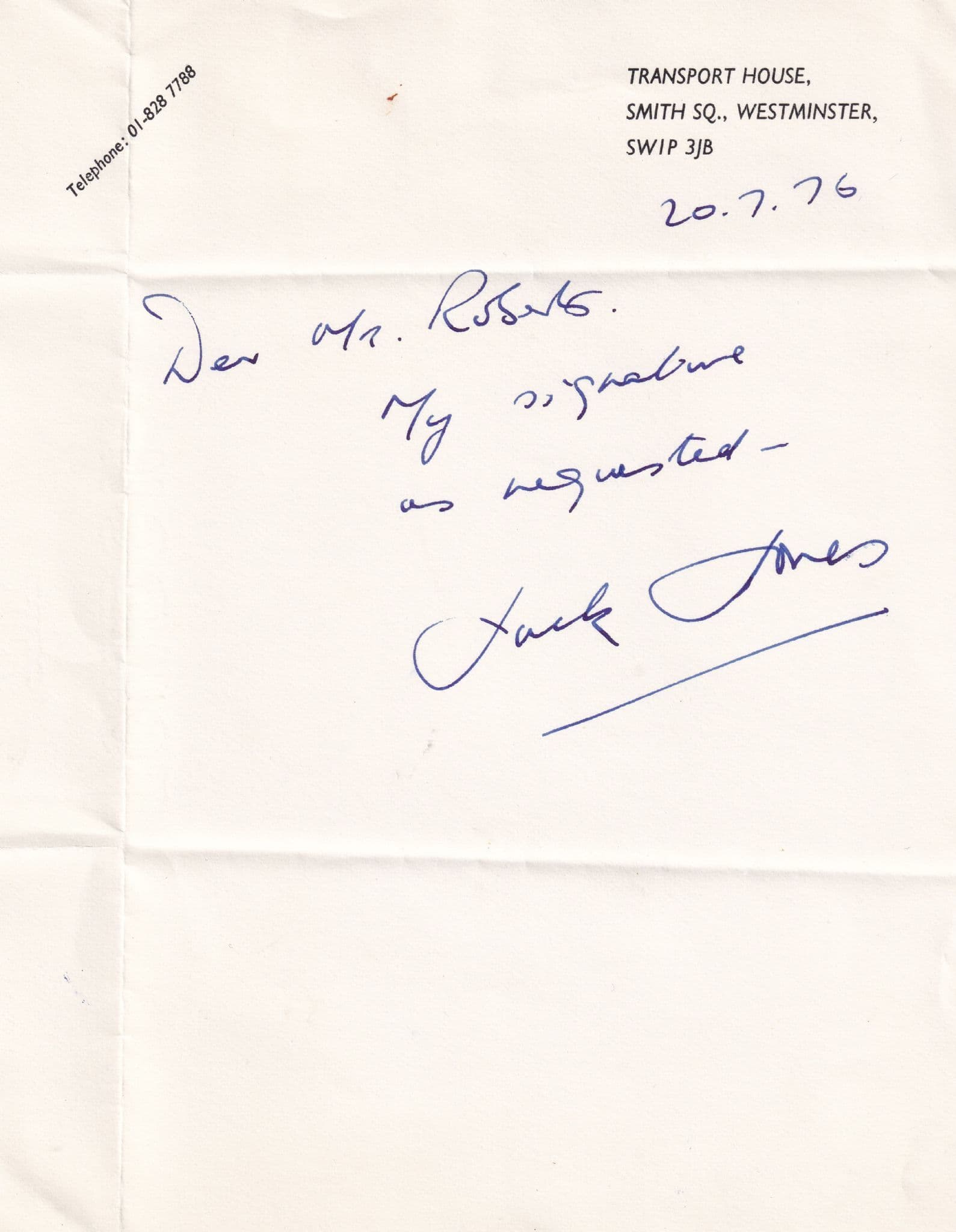Jack Jones Transport & Workers Union Hand Signed 1976 Autograph
