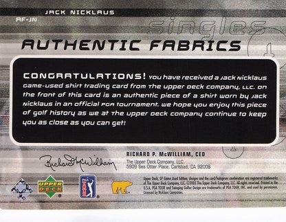 Jack Nicklaus Authentic Fabrics Singles 2003 Golf Upper Deck Worn Shirt Card