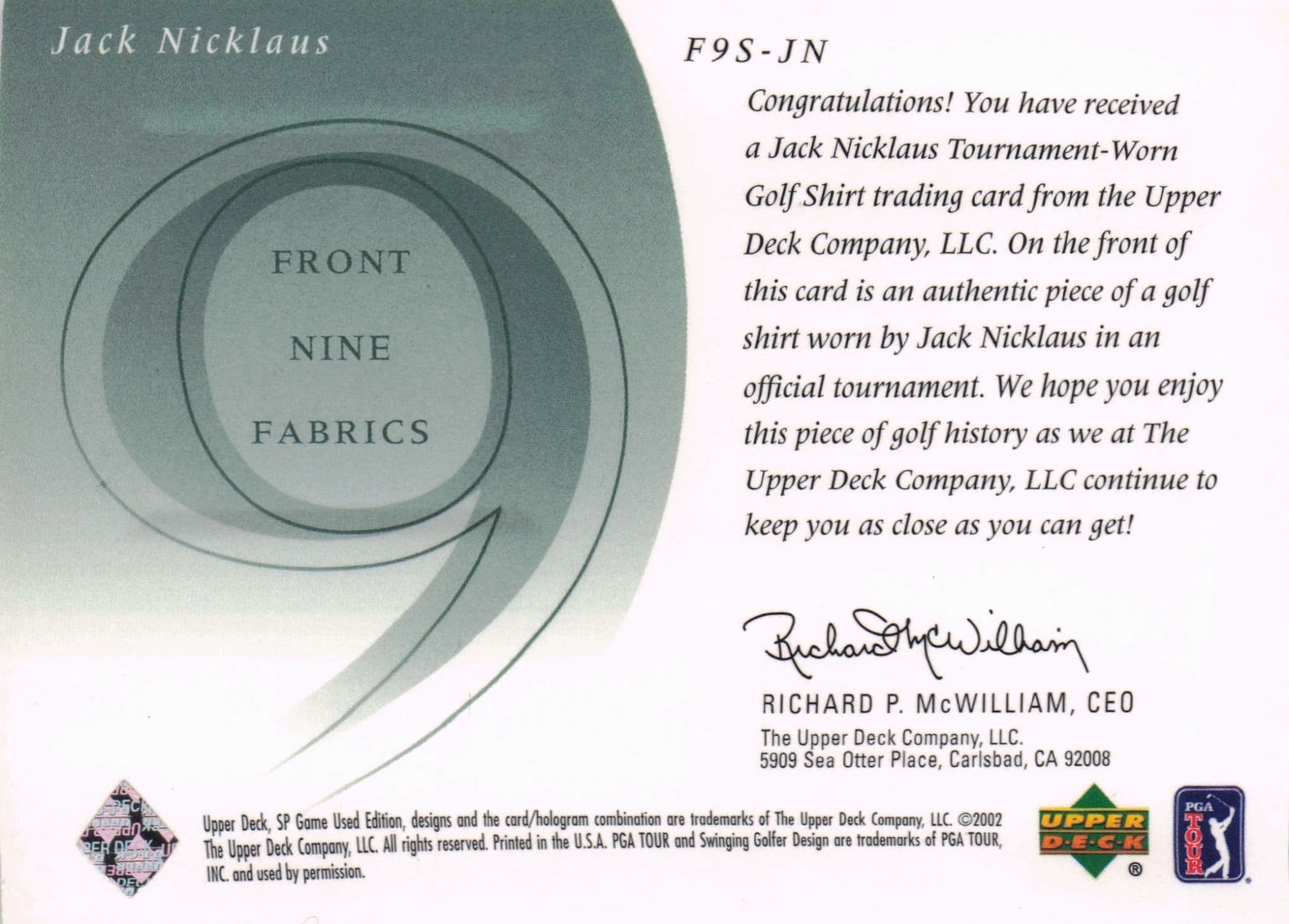 Jack Nicklaus Front 9 Fabric 2002 Upper Deck Authentic Shirt Card