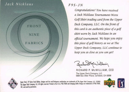 Jack Nicklaus Front 9 Fabric 2002 Upper Deck Authentic Shirt Card