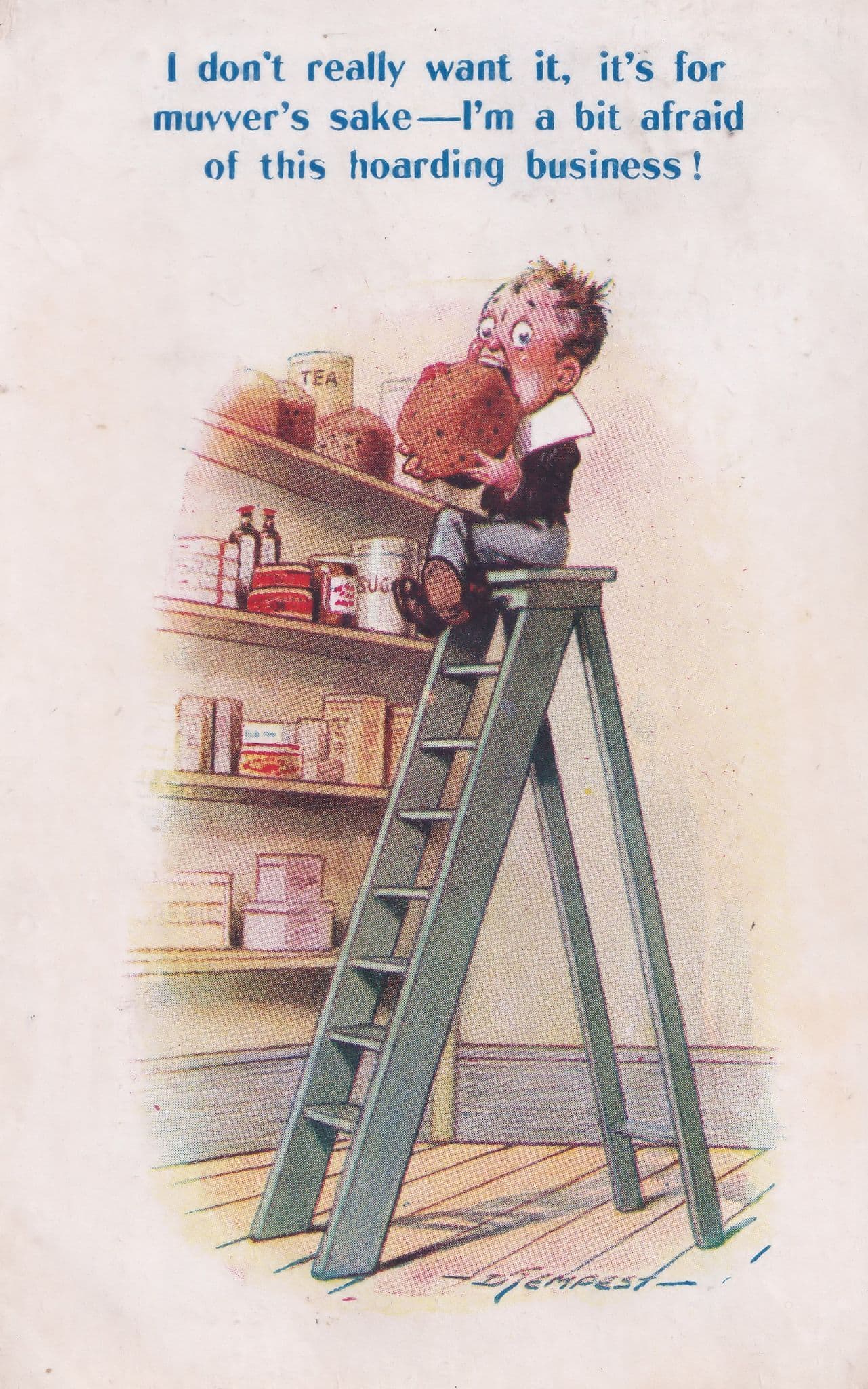 Jam Jar Tea Coffee Tin Hoarder On Ladder Antique WW1 Comic Postcard