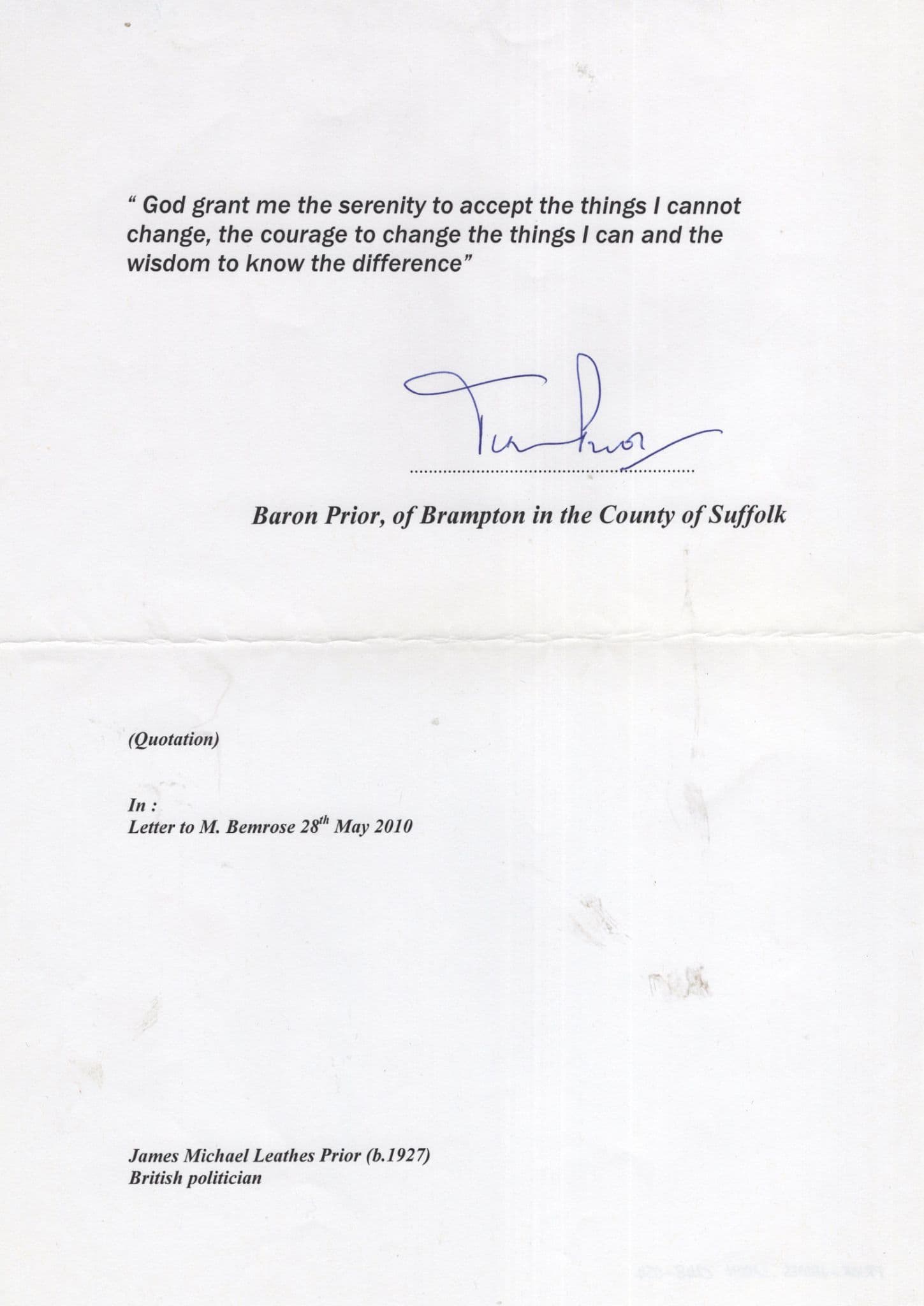 James Leathes Prior Suffolk Baron Politician Hand Signed Letter